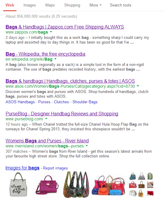 Bags search result page Google.com